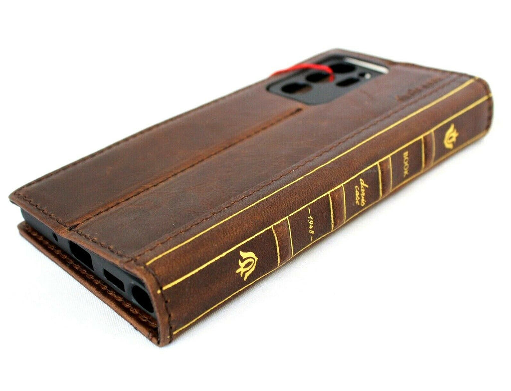 Genuine leather Samsung Galaxy Note 20 Ultra 5G wallet case with ID window, card slots, Bible design, rubber stand, and wireless charging.