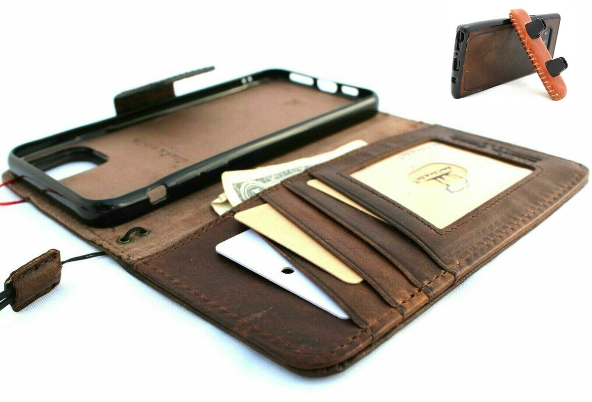 Daviscase genuine leather iPhone 11 Pro (5.8") case with vintage wallet design, magnetic cover, removable holder, and car mount.