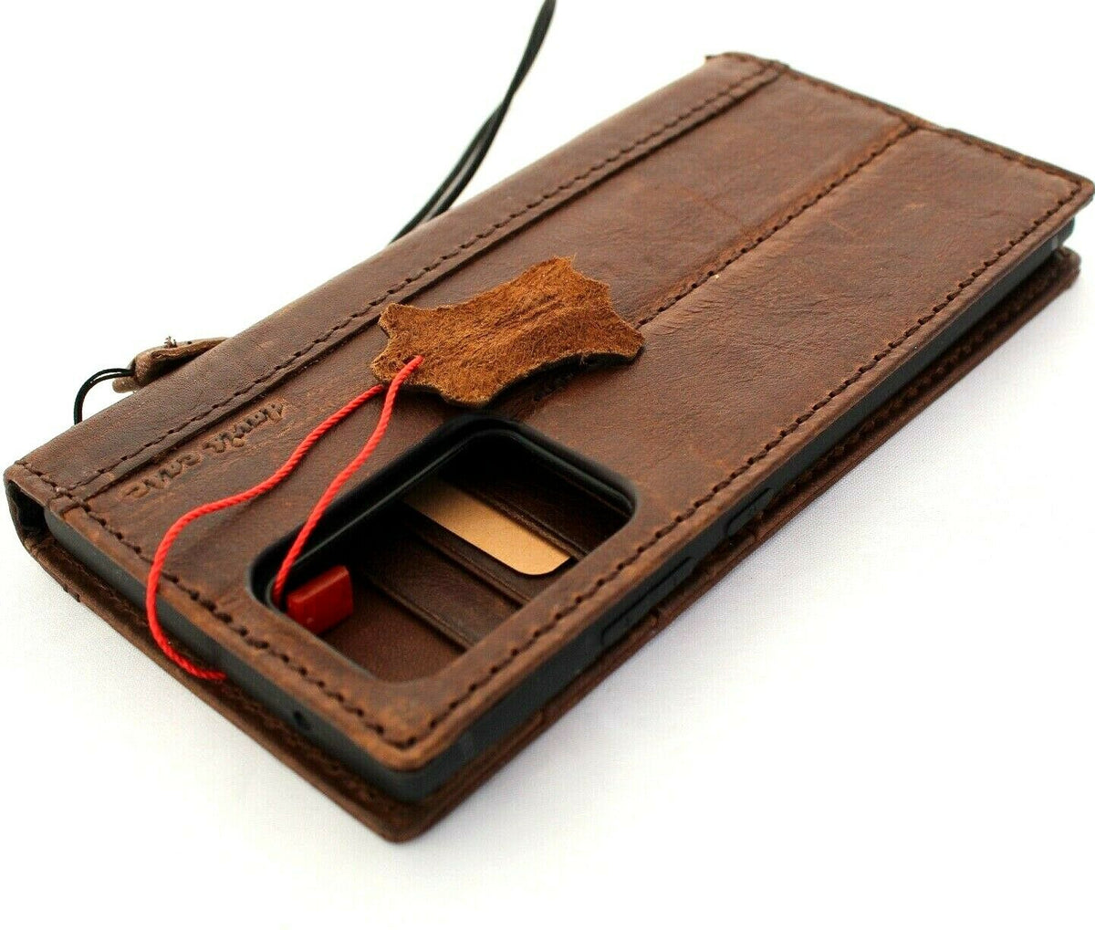 Genuine vintage leather Samsung Galaxy S21 Ultra 5G case with wallet design, ID window, card slots, and rubber stand by DAVISCASE