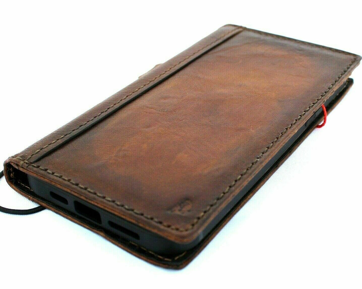 Dark leather iPhone 12 Pro wallet case by DAVISCASE with ID window, credit card slots, vintage full grain design, soft cover.
