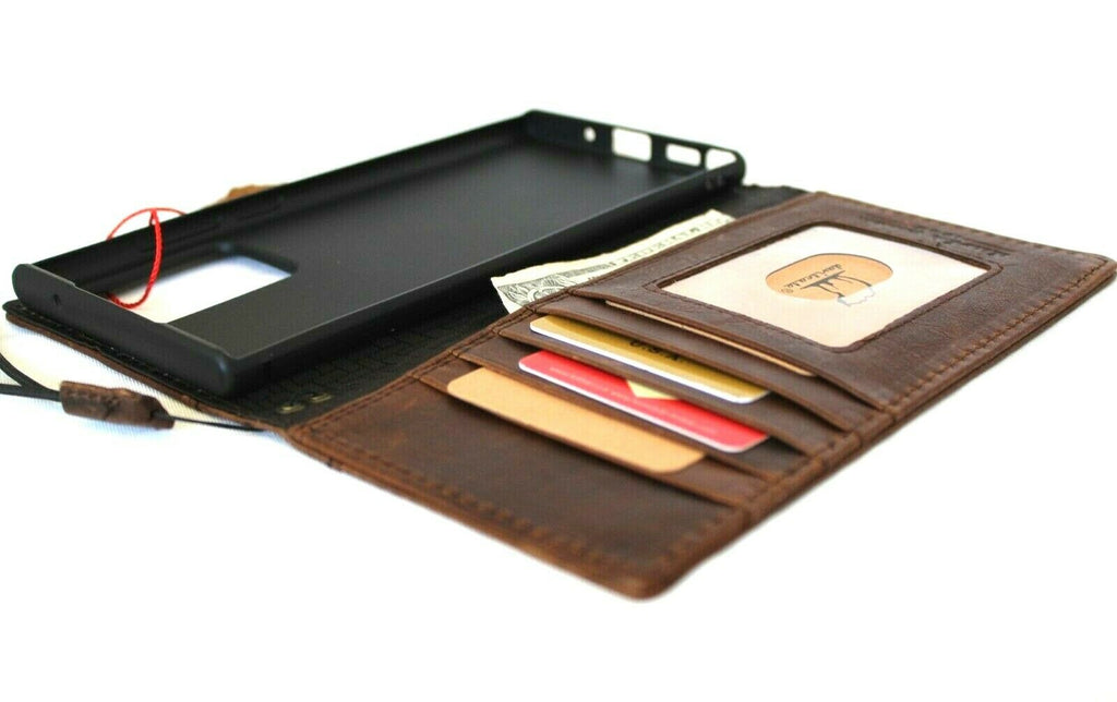 Genuine leather Galaxy Note 20 Ultra 5G wallet case by DAVISCASE with ID window, card slots, rubber stand, and wireless charging.