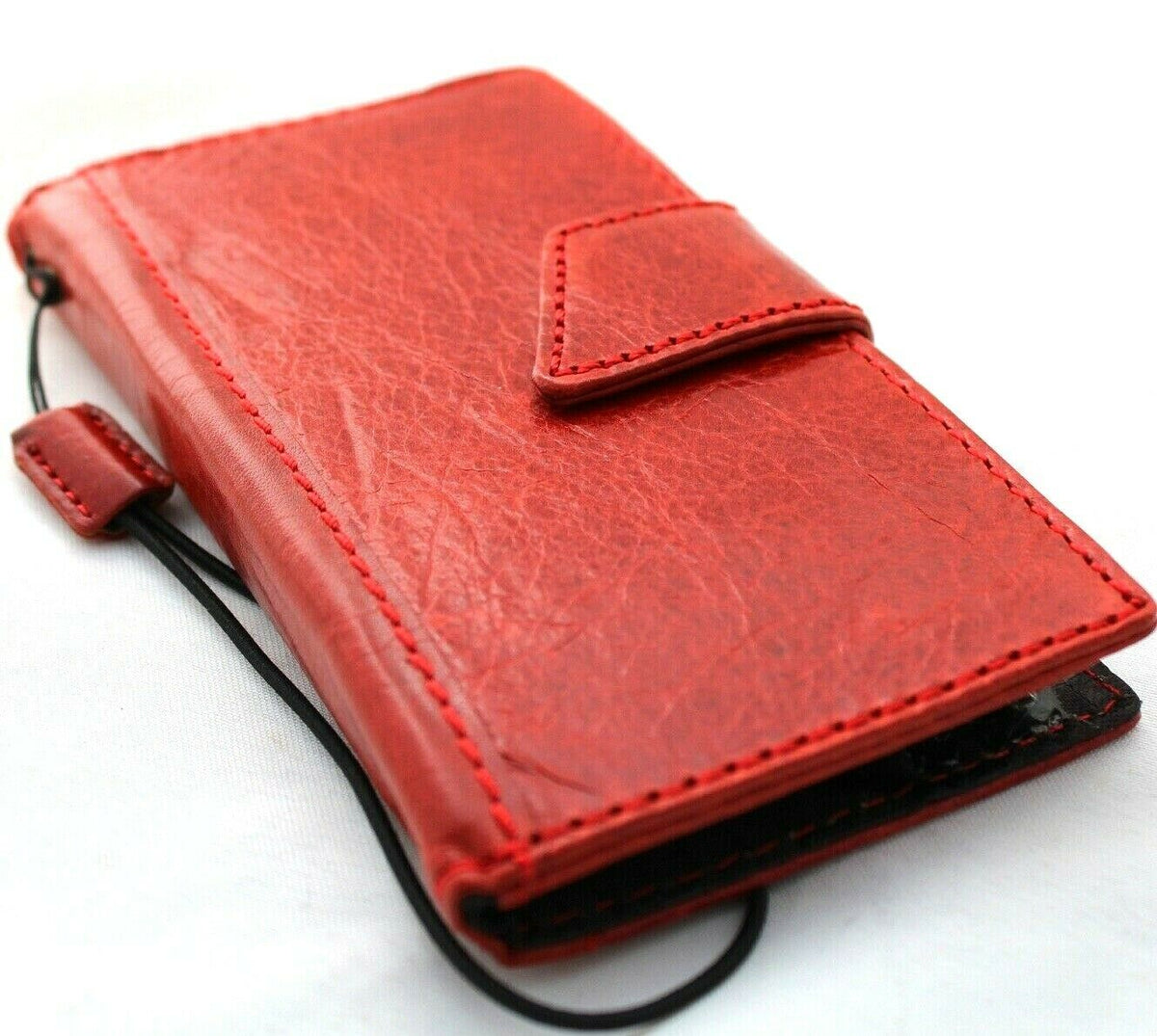 Genuine red leather iPhone 12 Mini wallet case with magnetic closure, handmade by DAVISCASE, featuring slim soft cover and card slots.