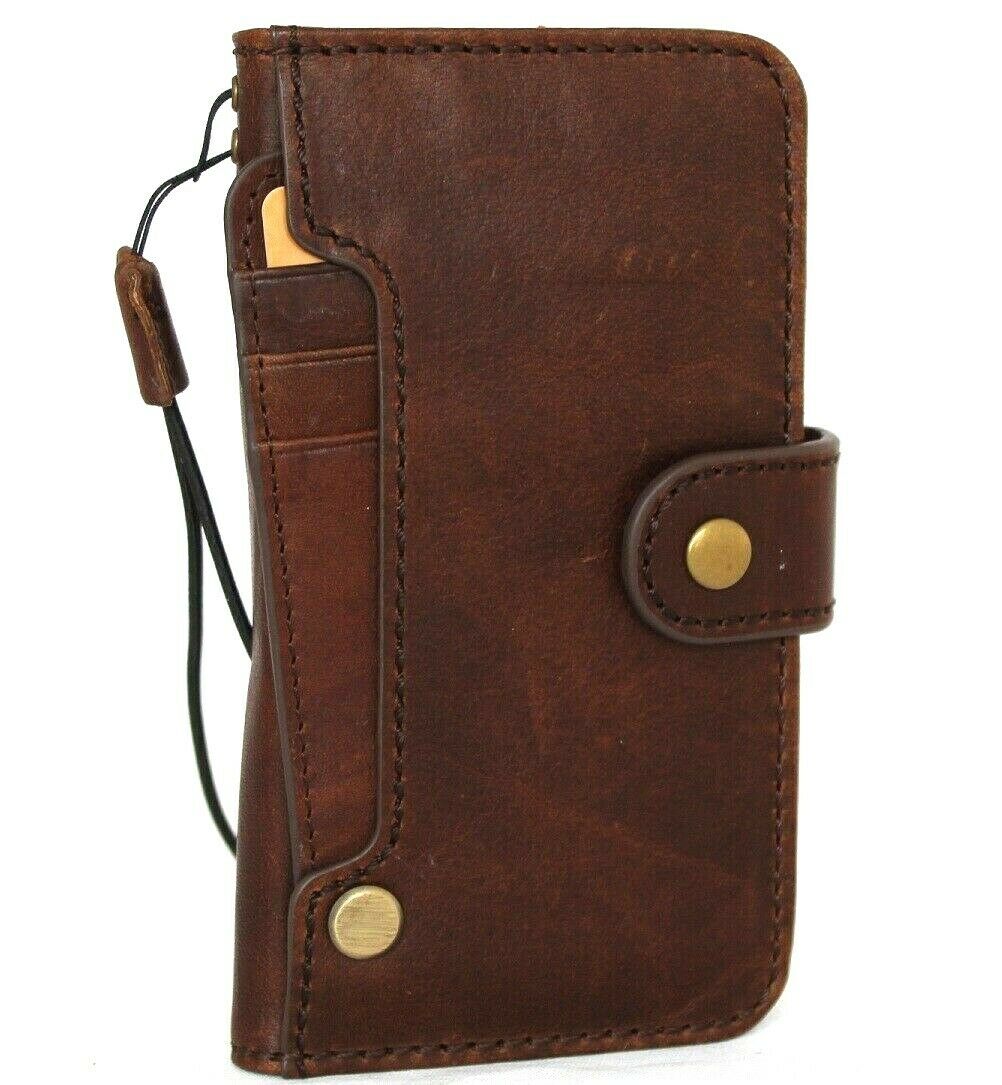 Genuine dark leather iPhone 12 Mini case with book wallet design, credit card slots, slim soft closure, by DAVISCASE.