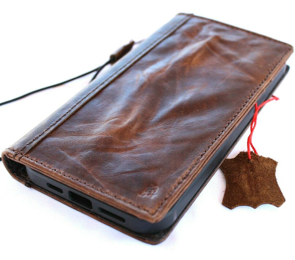 Handmade DAVISCASE vintage leather phone case for iPhone 11-15 Pro Max, Galaxy S22 Ultra, with wallet and credit card slots.