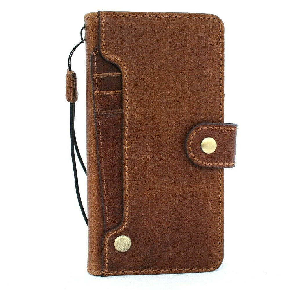 Genuine tan leather Samsung Galaxy S21 book wallet case with card holder from DavisCase, handmade with rubber interior for wireless charging.
