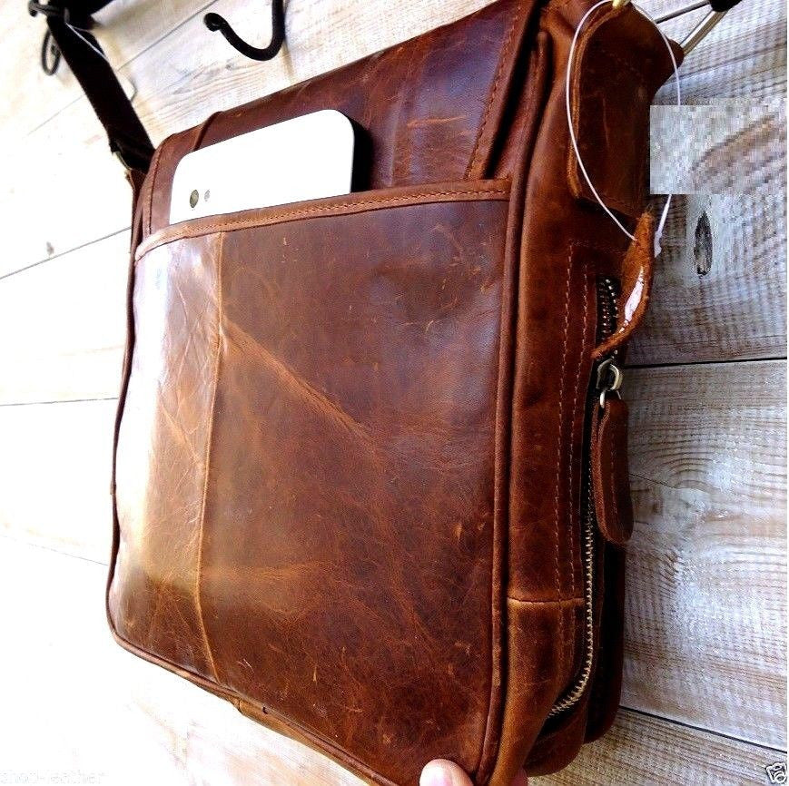 Genuine buffalo leather men's shoulder bag with vintage crossbody style, suitable for tablets and iPads up to 11 inches.