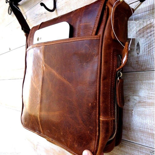Genuine buffalo leather men's shoulder bag with vintage crossbody style, suitable for tablets and iPads up to 11 inches.