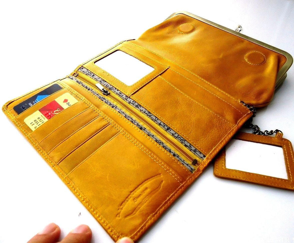 Yellow genuine leather women's wallet with card slots, coin purse, and clutch design by DAVISCASE.