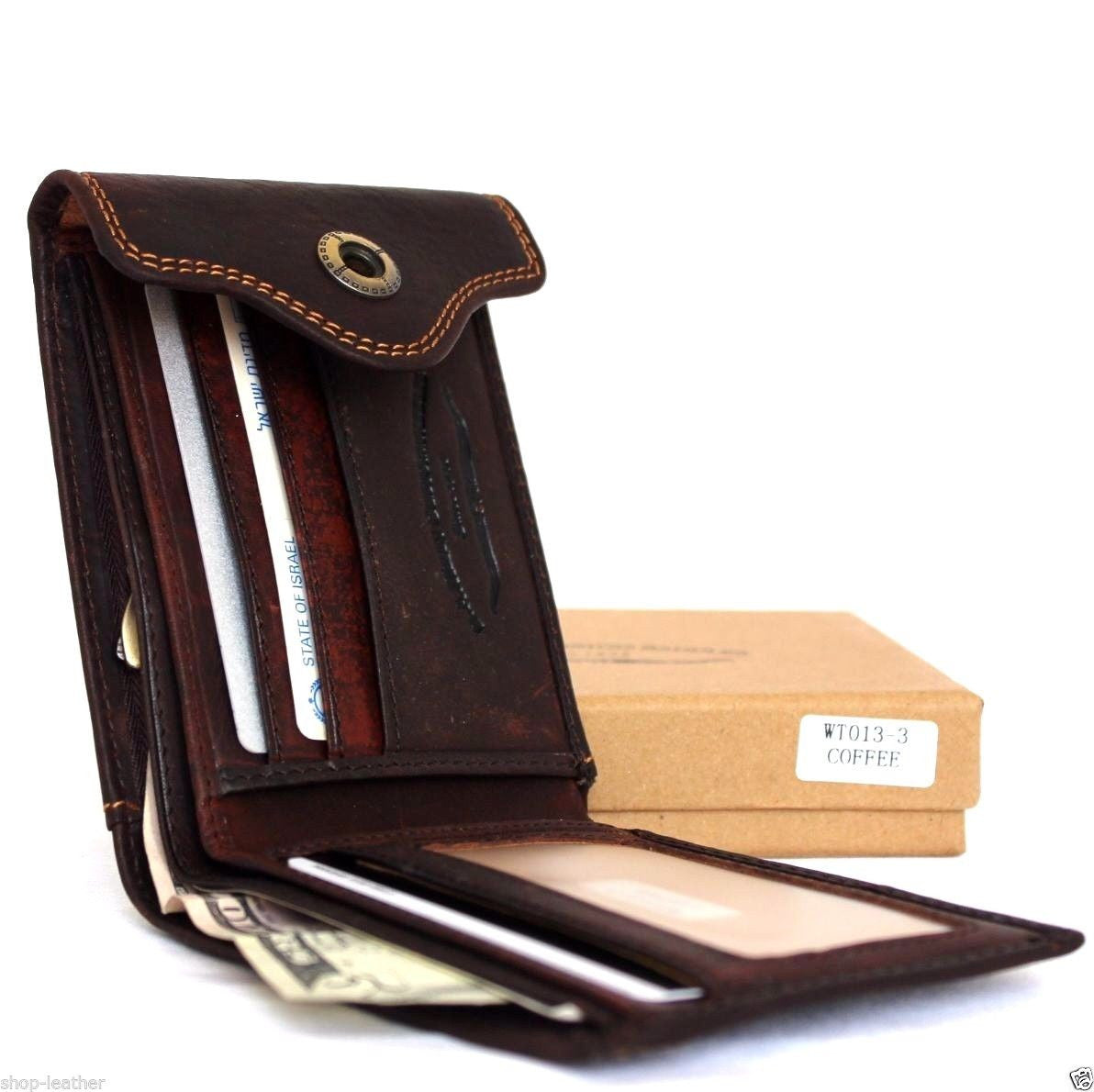 Men's brown DAVISCASE leather wallet with 4 card slots, ID window, and 2 bill sections, bi-fold design.