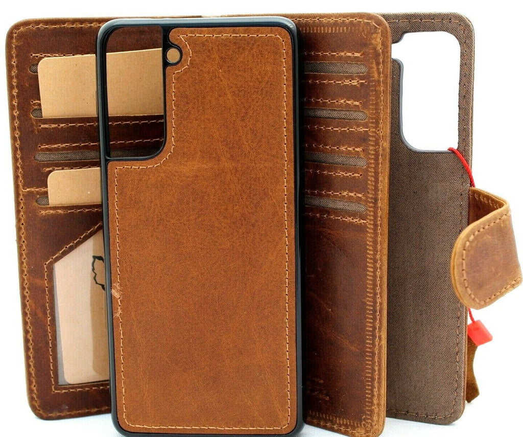 Genuine leather Samsung Galaxy S21 book wallet case with card slots, magnetic closure, and window for viewing. DAVISCASE brand.