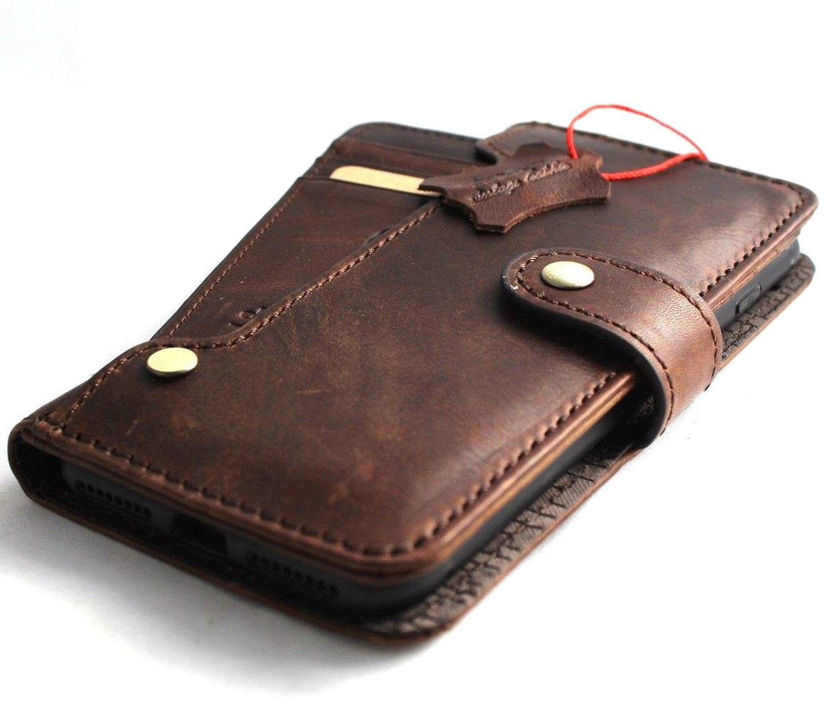 Genuine leather iPhone 8 Plus wallet case by DAVISCASE with card slots, slim vintage design, soft interior, and wireless charging compatibility.
