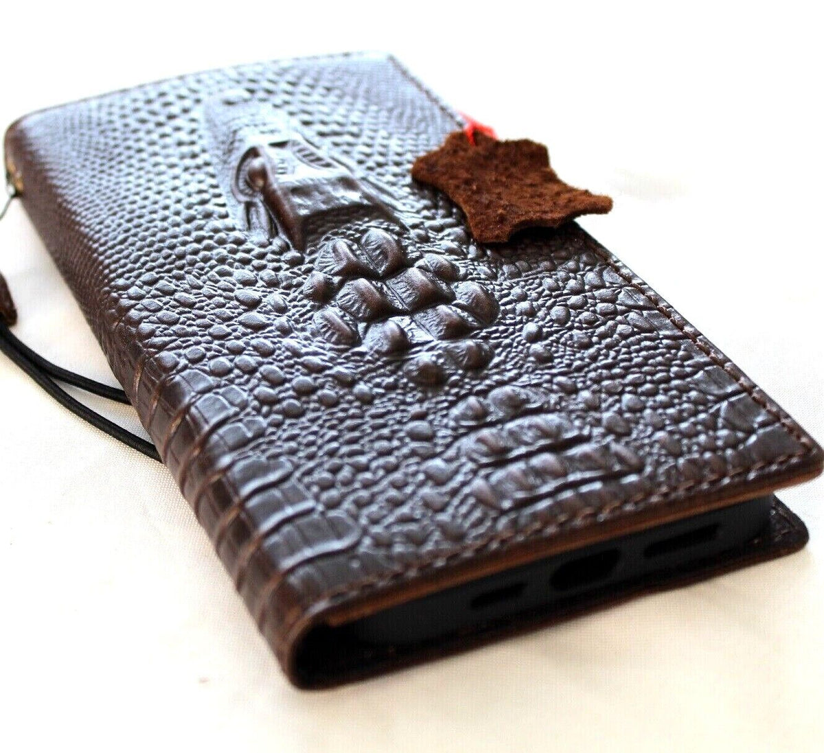Handmade genuine leather phone case by DAVISCASE for iPhone 17, 16, 12, 13, 14, 15 Pro Max, Air, 8 Plus with crocodile style wallet cover