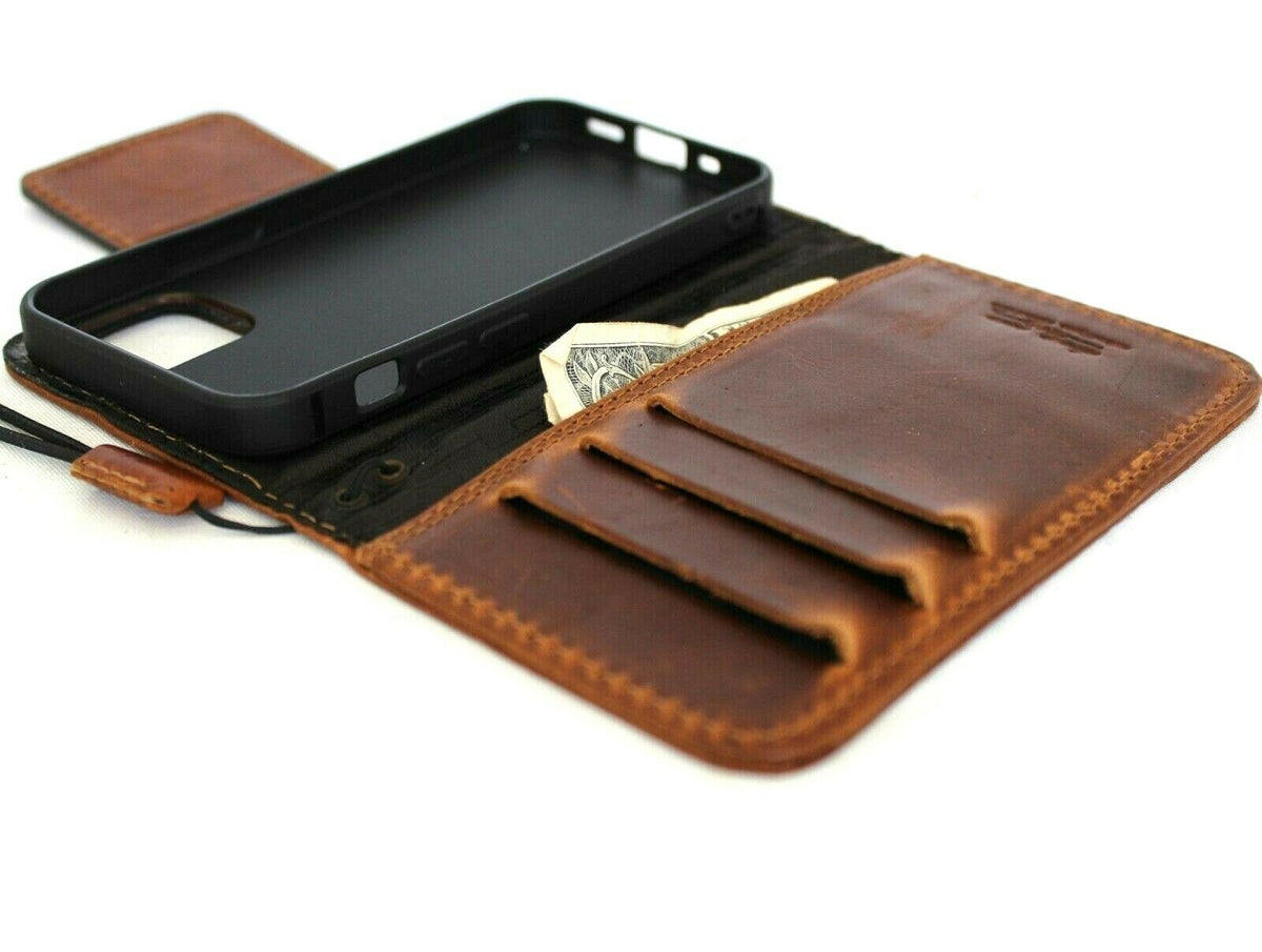 Genuine full tan leather handmade phone case for iPhone 12 mini, vintage style with credit card slots and soft magnetic closure.
