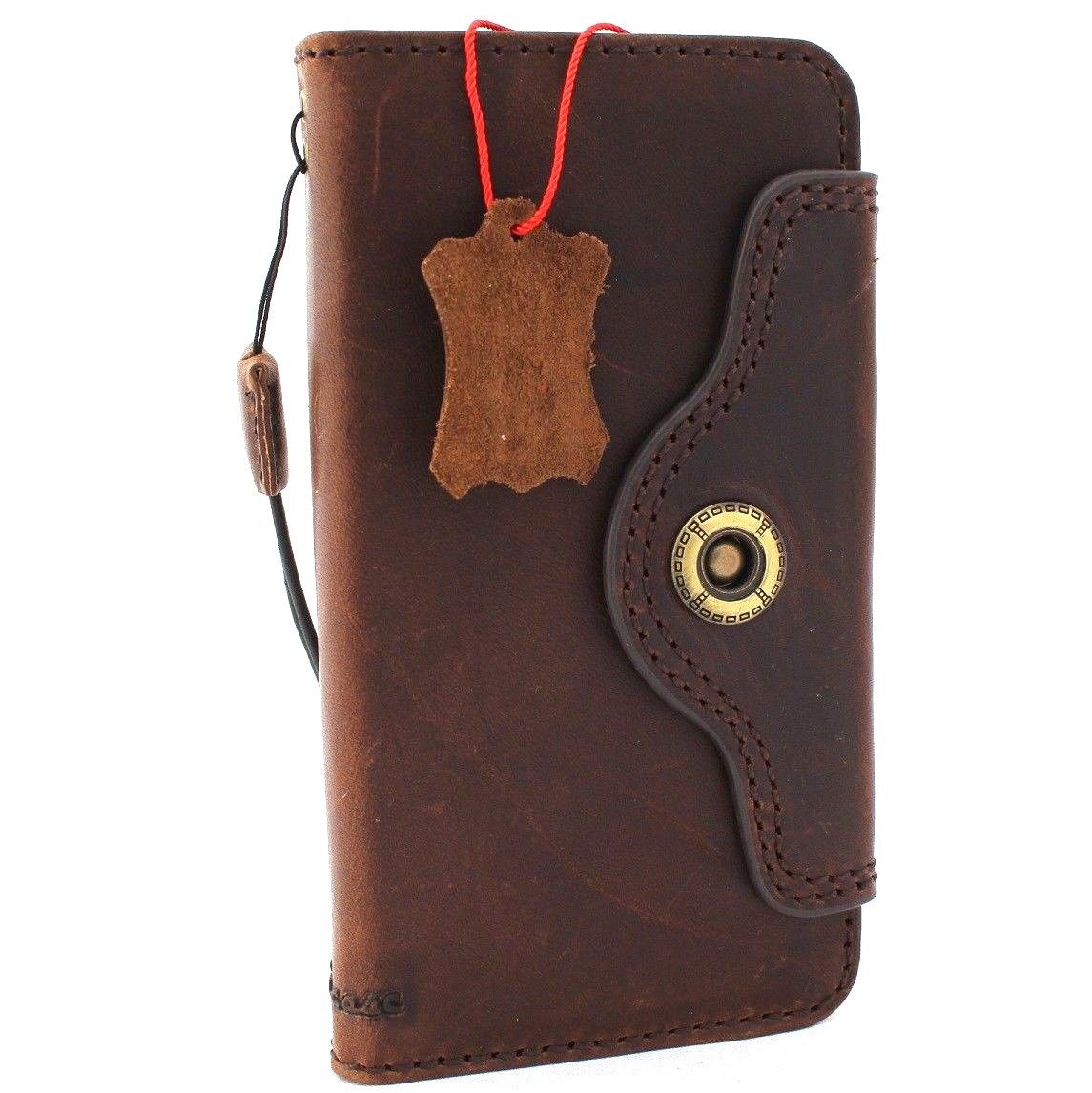 Bright brown genuine leather iPhone X wallet case with card slots, slim vintage style, Daviscase brand, suitable for wireless charging.