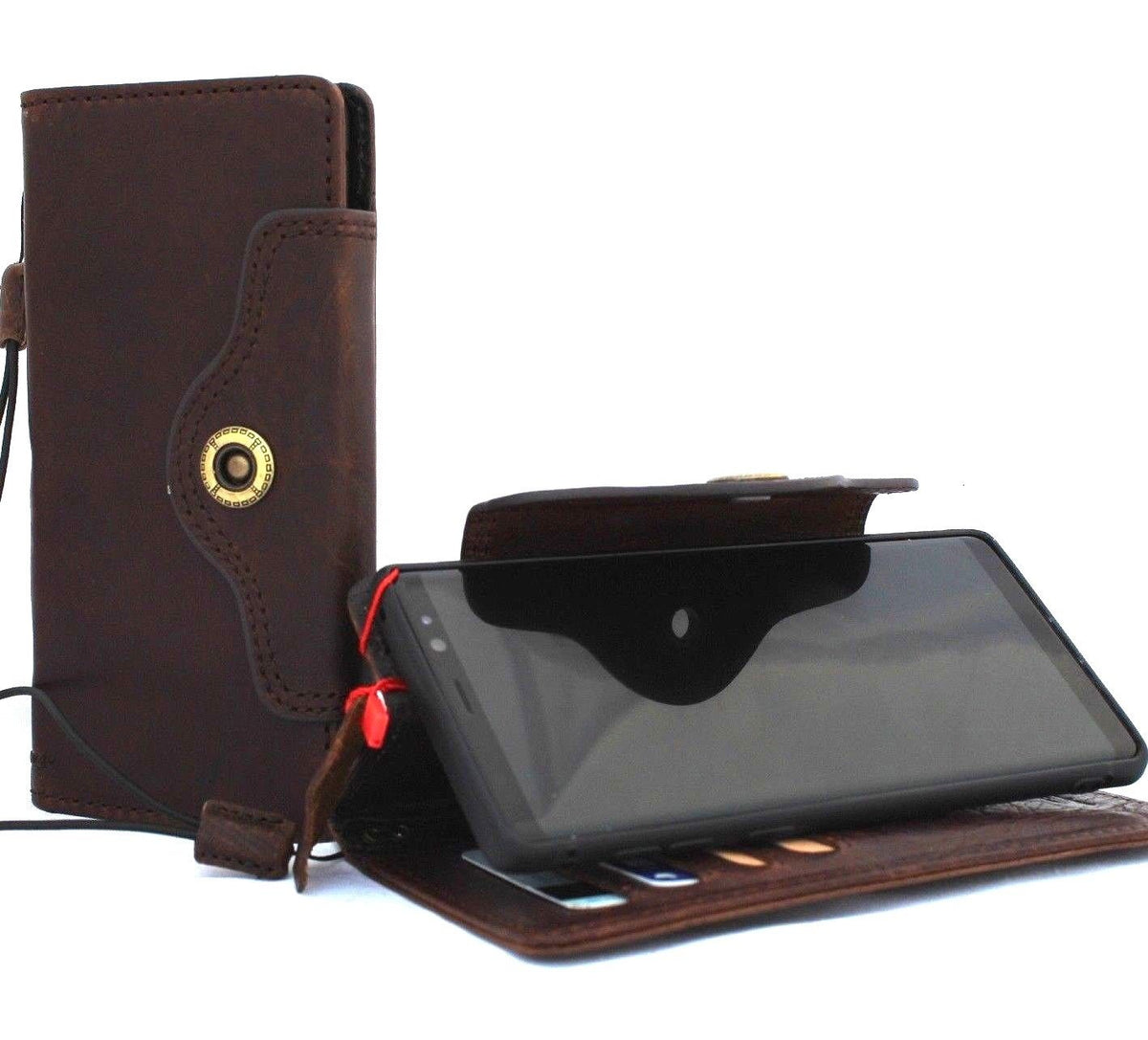 Vintage leather Galaxy Note 9 case by DAVISCASE with wallet design, card slots, handmade craftsmanship, and book-style closure.