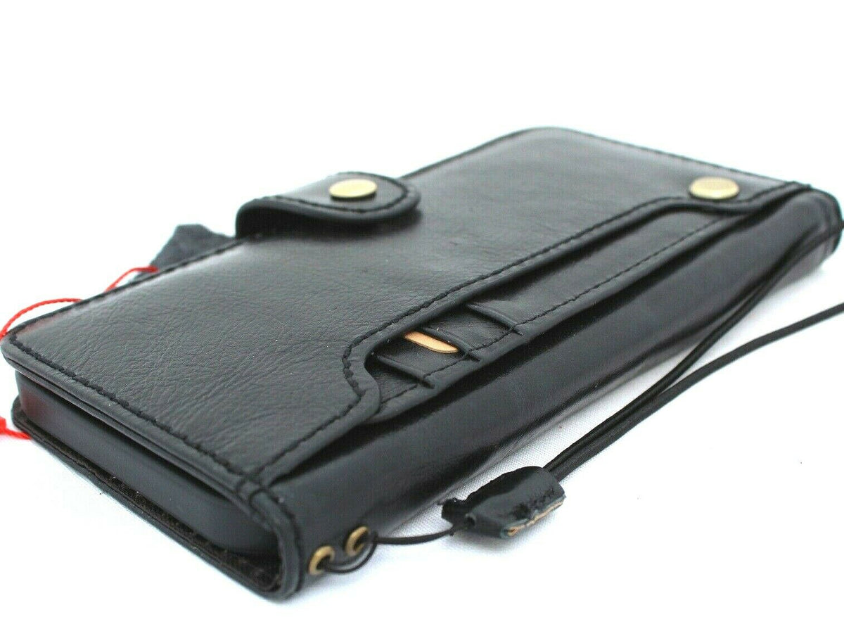 Genuine black leather iPhone 12 Pro Max case by DAVISCASE with wallet design, ID window, credit card slots, vintage style, full grain leather