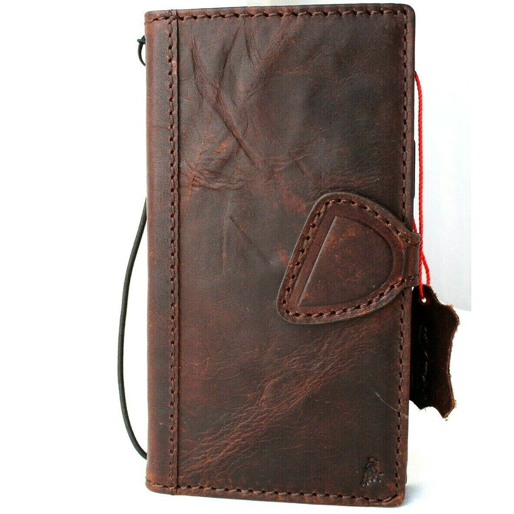 DavisCase genuine dark leather iPhone 12 wallet case with credit card slots, ID window, magnetic closure, and vintage full grain leather.