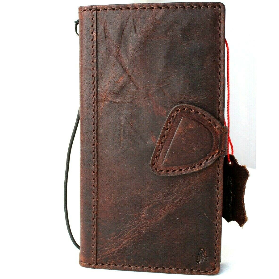 DavisCase genuine dark leather iPhone 12 wallet case with credit card slots, ID window, magnetic closure, and vintage full grain leather.