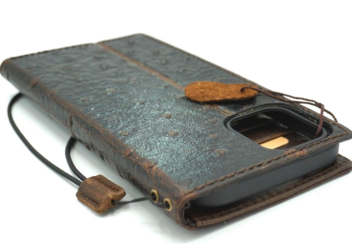 Handmade leather phone case for iPhone 12-17 Pro Max, Air 8 Plus, in ostrich-style craft with wallet and book cover design.