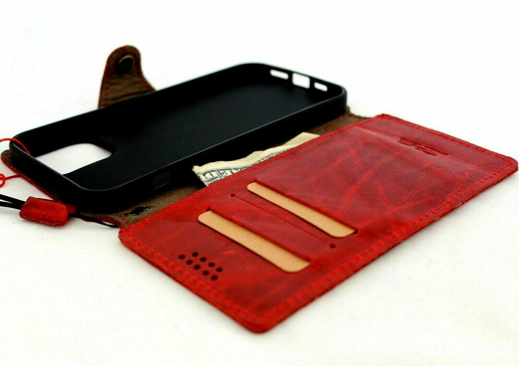 Handmade genuine leather phone case for iPhone 17, 11, 12, 13, 14, 15, 16 Pro Max with wallet, credit card slots, in Davis Red Wine leather.