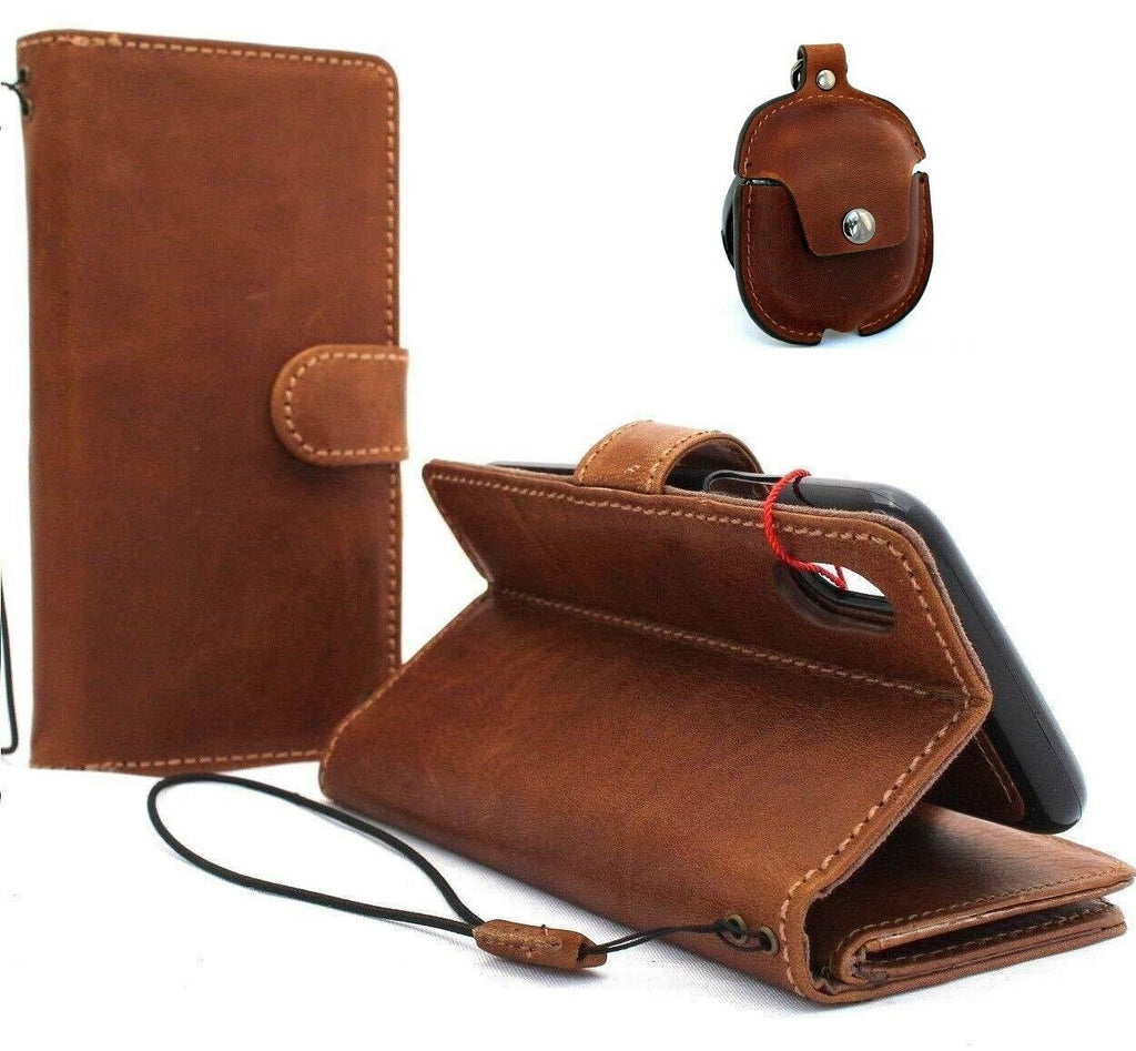 Genuine soft leather iPhone X case by DAVISCASE with wallet design, magnetic closure, and AirPods 2 case in natural tanned leather