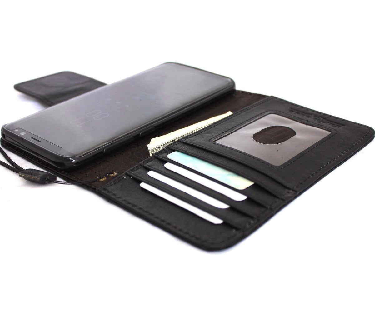 Vintage black genuine oil leather Samsung Galaxy S8 Plus case with wallet style, magnetic closure, handcrafted phone cover.