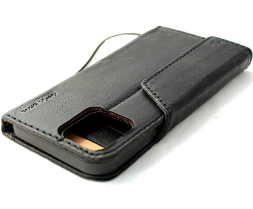 Black leather wallet case for iPhone 12 Pro Max with credit card slots, soft cover, handcrafted by DAVISCASE.