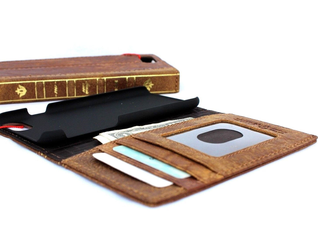 Genuine full leather iPhone 8 case with vintage book-style design, wallet card slots, slim fit, compatible with wireless charging.