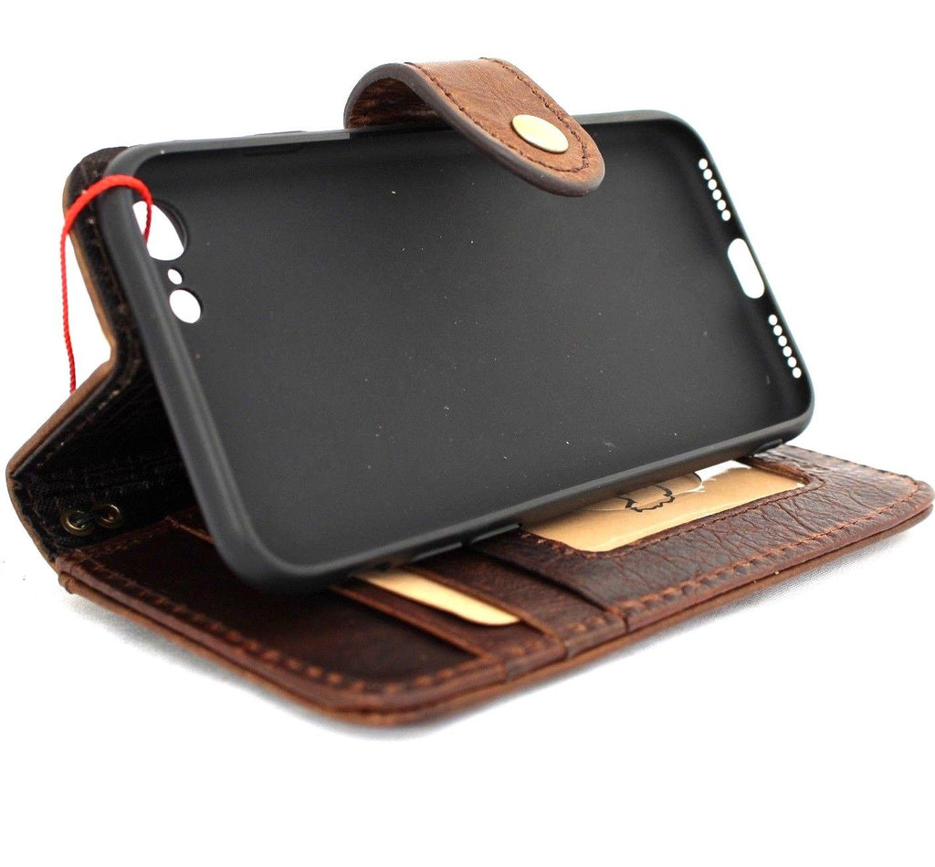 Dark brown genuine vintage leather iPhone SE 2 case with wallet card slots, DavisCase book-style cover, slim design, luxury finish