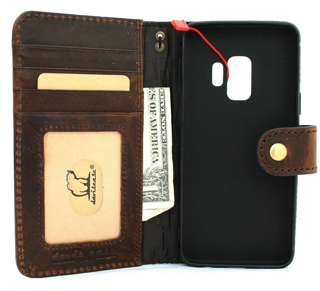 Handmade genuine Italian leather Samsung Galaxy S9 wallet case with rubber holder, dark color, designed for wireless charging.