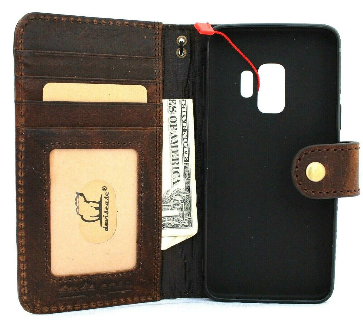 Handmade genuine Italian leather Samsung Galaxy S9 wallet case with rubber holder, dark color, designed for wireless charging.
