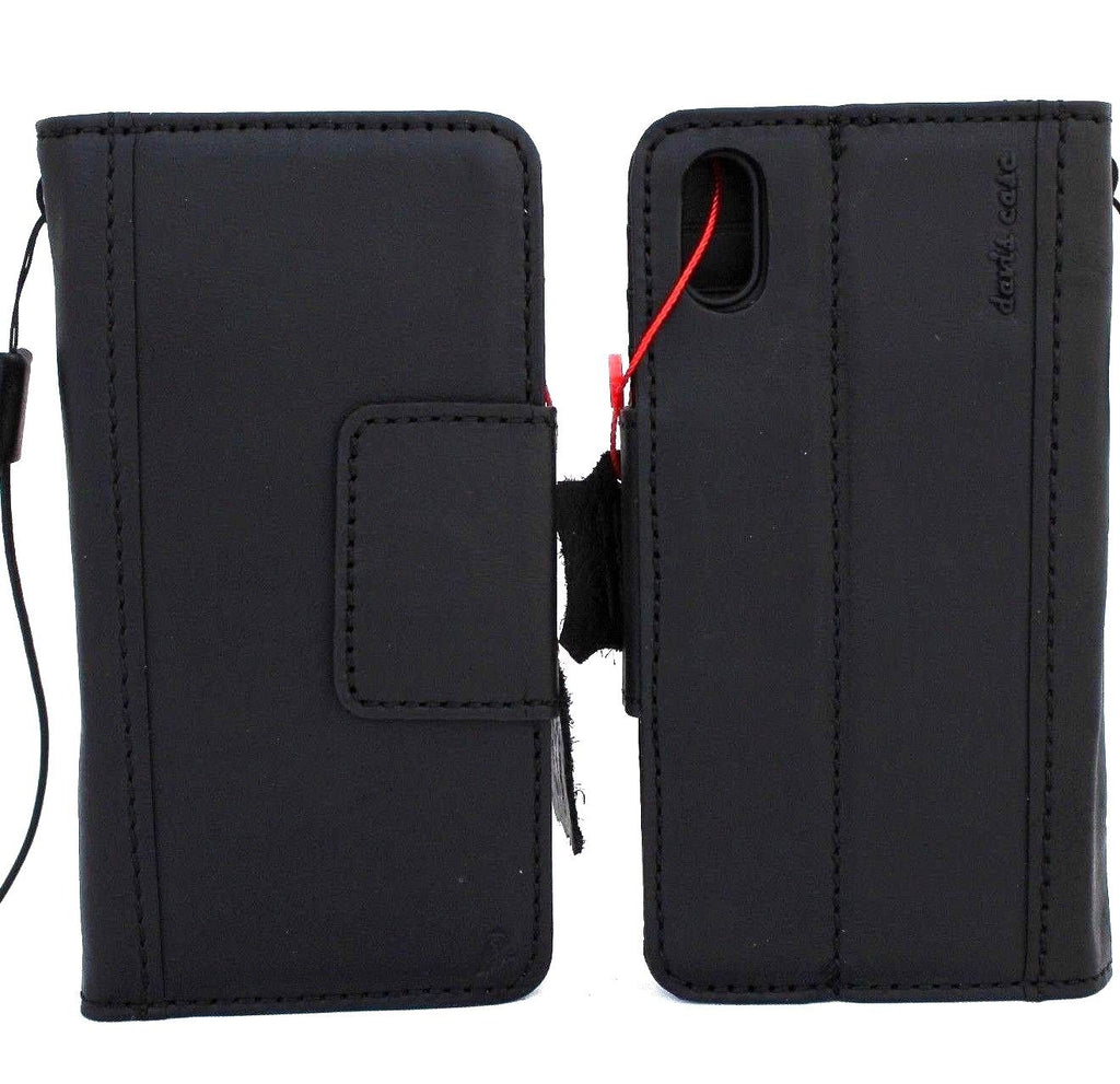 Black genuine leather wallet case for iPhone XS Max with magnet closure, card slots, slim vintage design by Jafo 48 Studio.
