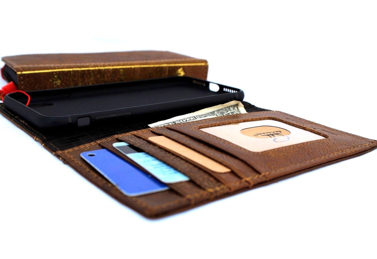 Vintage tan genuine leather iPhone XS case with wallet design, card slots, and slim book-style closure.