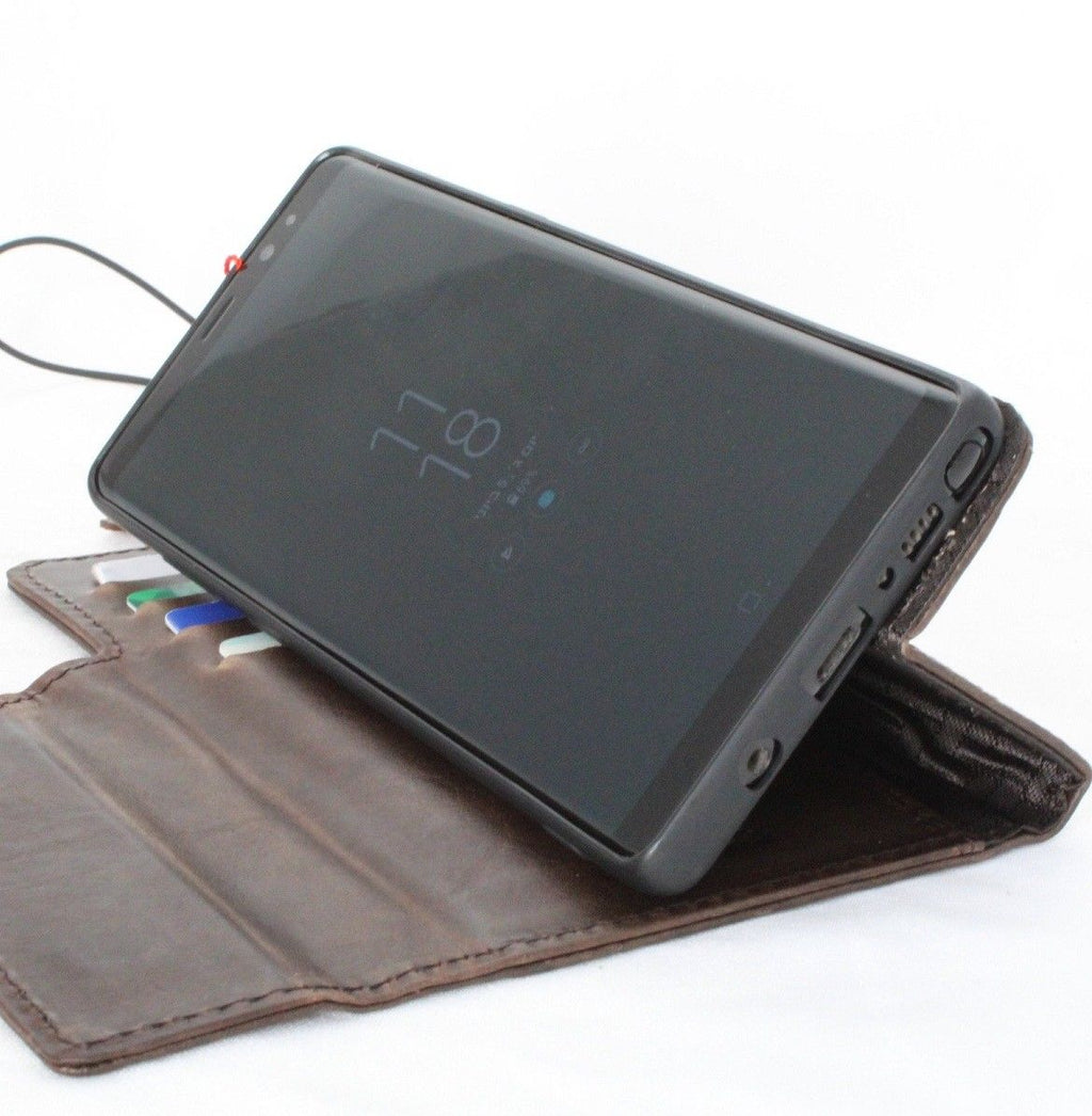 Vintage genuine leather phone case for Samsung Galaxy Note 8, with wallet style design, magnetic closure, card slots, dark brown color