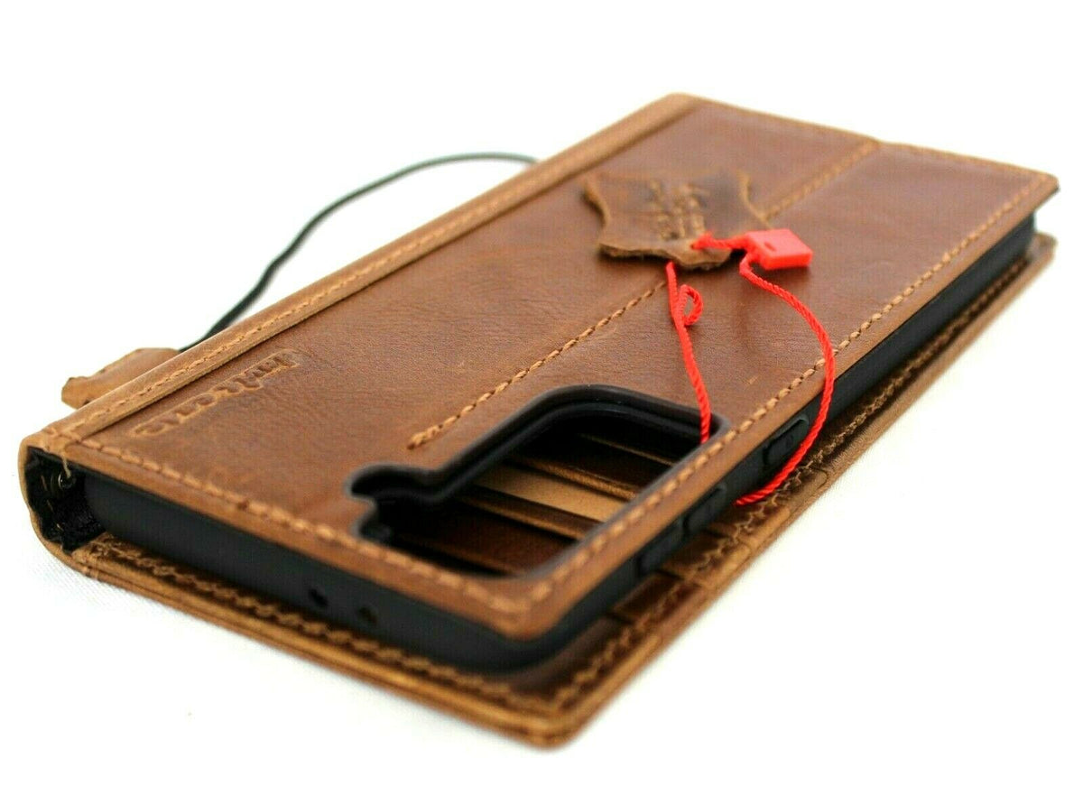 Genuine tan leather Samsung Galaxy S22 Plus 5G wallet case with card slots, wireless charging holder, and ID window by DAVISCASE