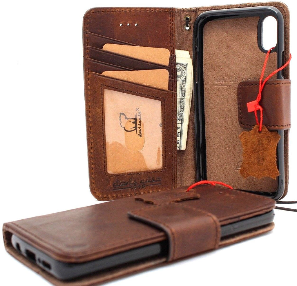 Handmade vintage tan leather iPhone XS MAX case with wallet, credit holder, magnetic closure, slim design, removable prime holder.