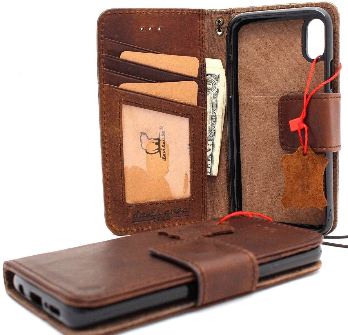 Handmade vintage tan leather iPhone XS MAX case with wallet, credit holder, magnetic closure, slim design, removable prime holder.