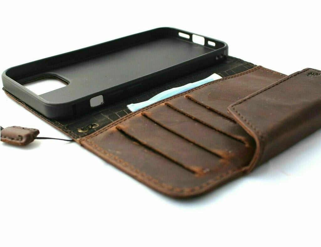 Vintage dark brown genuine leather wallet case for iPhone models 11-15 Pro Max, with credit card slots, handcrafted by DAVISCASE.