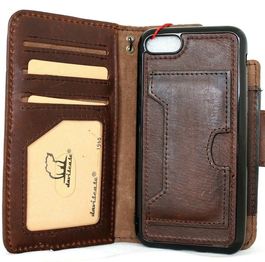 Genuine dark leather iPhone SE 2 2020 case with detachable wallet cover, card slots, ID window, rubber holder, and strap by DAVISCASE.