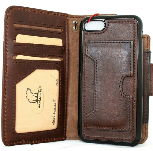 Genuine dark leather iPhone SE 2 2020 case with detachable wallet cover, card slots, ID window, rubber holder, and strap by DAVISCASE.