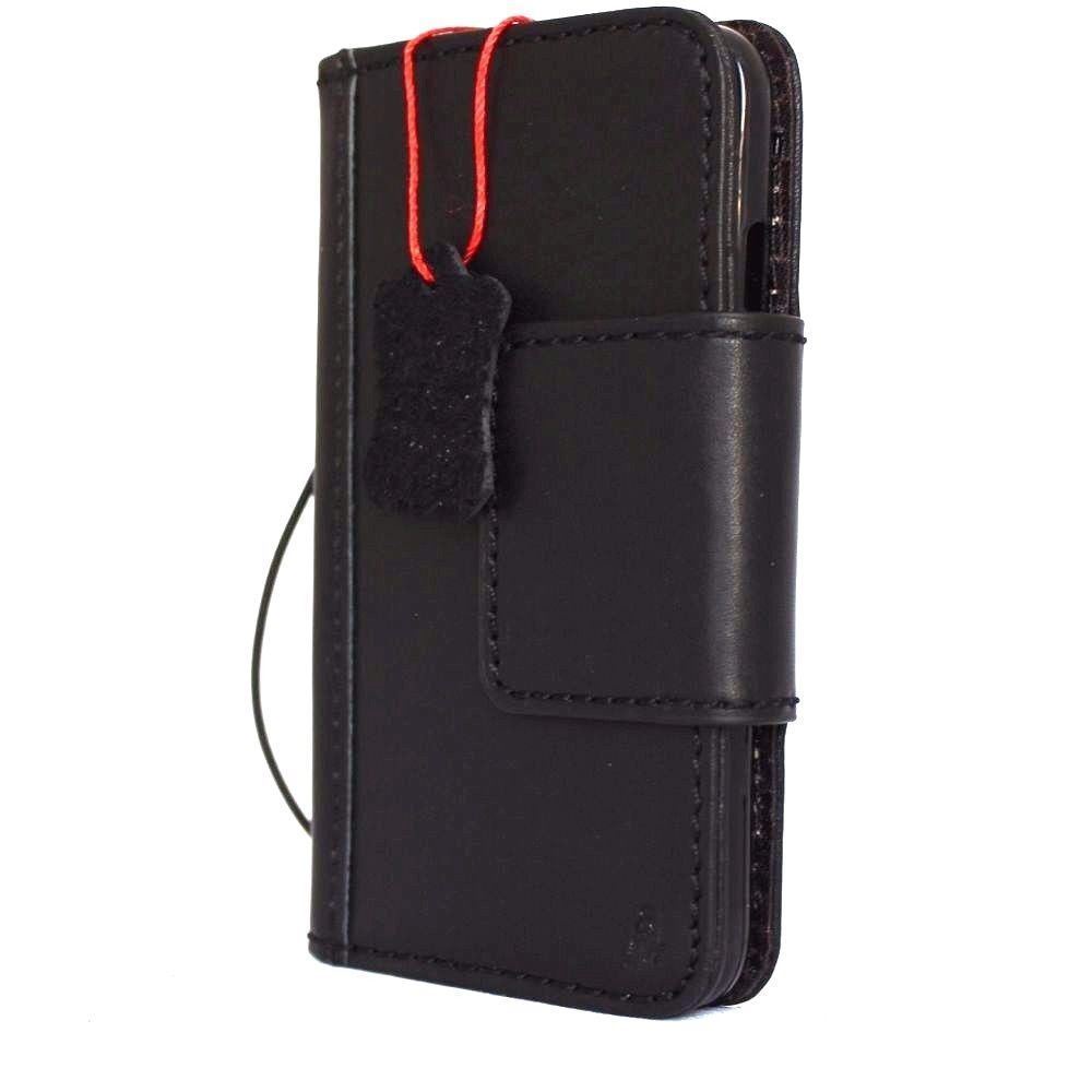 Black genuine leather iPhone 8 case with magnetic wallet cover, card slots, slim design, compatible with wireless charging.