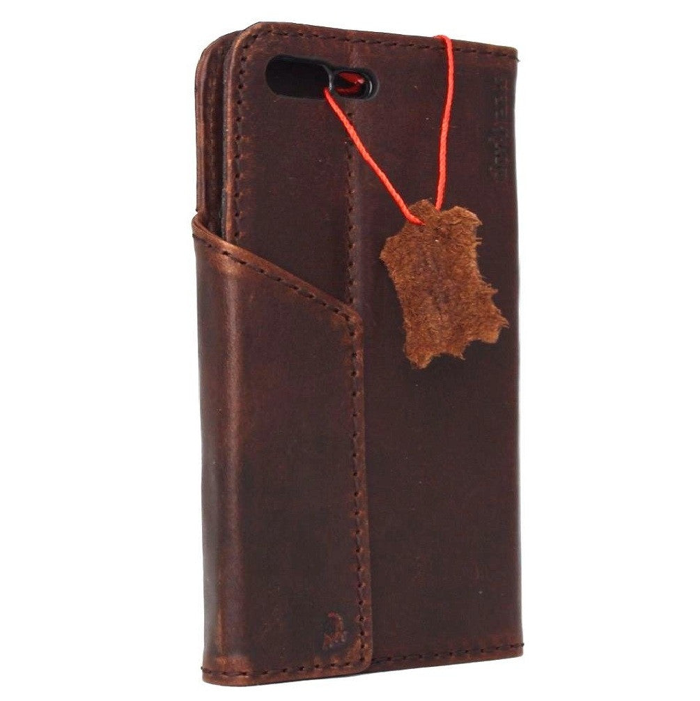 Dark brown genuine leather iPhone 8 Plus case with magnetic cover and wallet credit card holder by DAVISCASE.