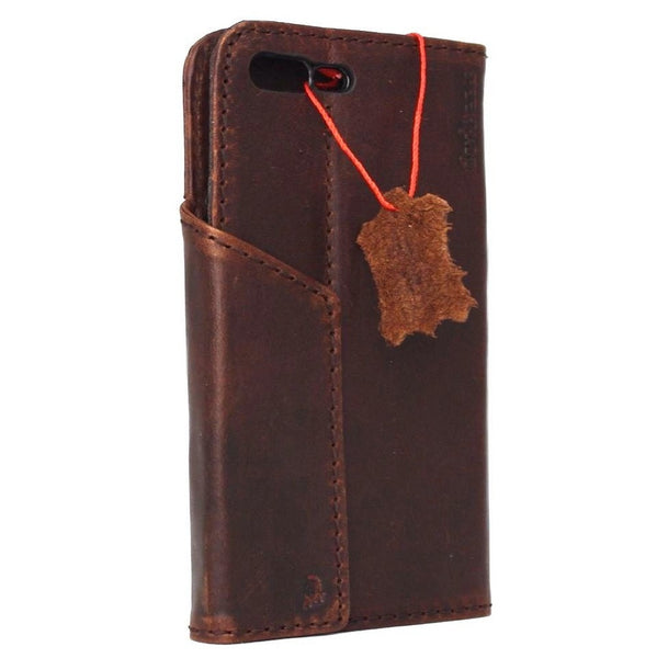 Étui iPhone 8 Plus en cuir véritable foncé, couverture magnétique, portefeuille, porte-cartes de crédit, livre de luxe, marron Davis