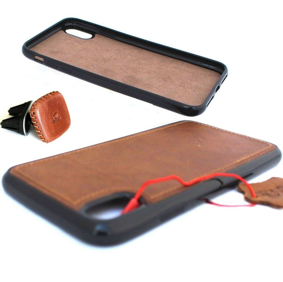 Handmade genuine leather case for Apple iPhone XR with magnetic closure, slim design, and luxury car holder by DAVISCASE