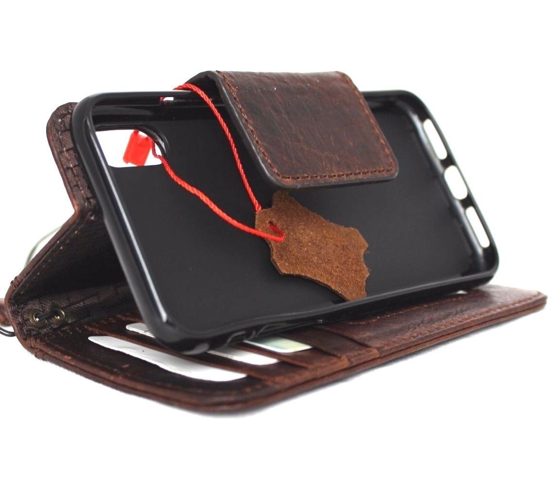 Vintage brown genuine leather iPhone X wallet case with card slots, magnetic closure, slim design, handcrafted by Daviscase.