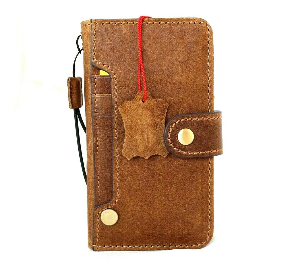Genuine full tan leather iPhone 12 mini case by DAVISCASE with card slots, soft closure, vintage book style, handmade phone cover