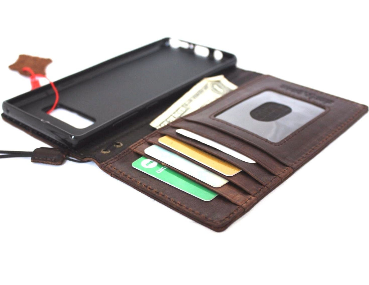 Brown genuine vintage leather Samsung Galaxy Note 8 wallet case with card slots, slim design, handcrafted by DAVISCASE.