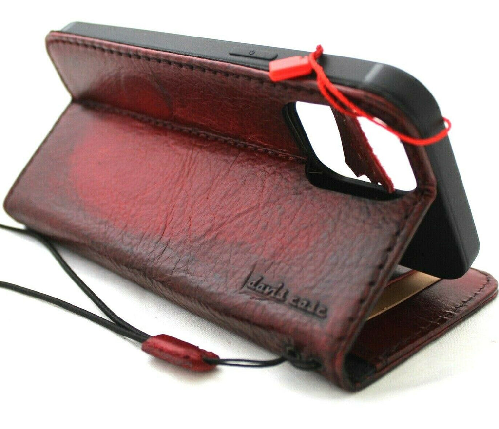 Wine red genuine leather iPhone 13 Pro Max wallet case with card slots, soft cover, handcrafted by DAVISCASE.