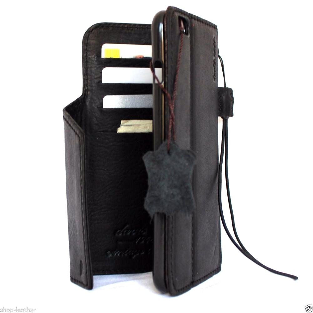 Black genuine leather iPhone 6s Plus case with wallet band, credit card slots, ID window, slim design, handmade by vendor-unknown.