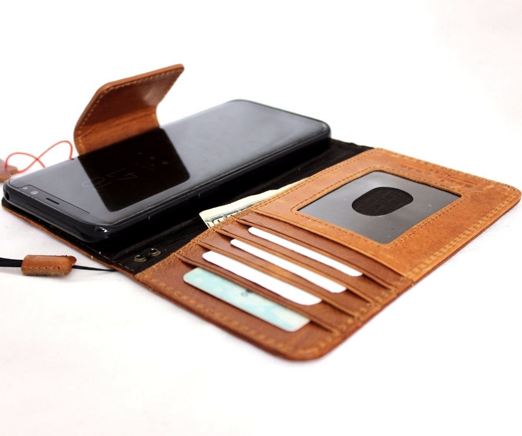 Light brown genuine vintage leather Samsung Galaxy S8 Plus wallet case with card slots and slim design, handmade by vendor-unknown.